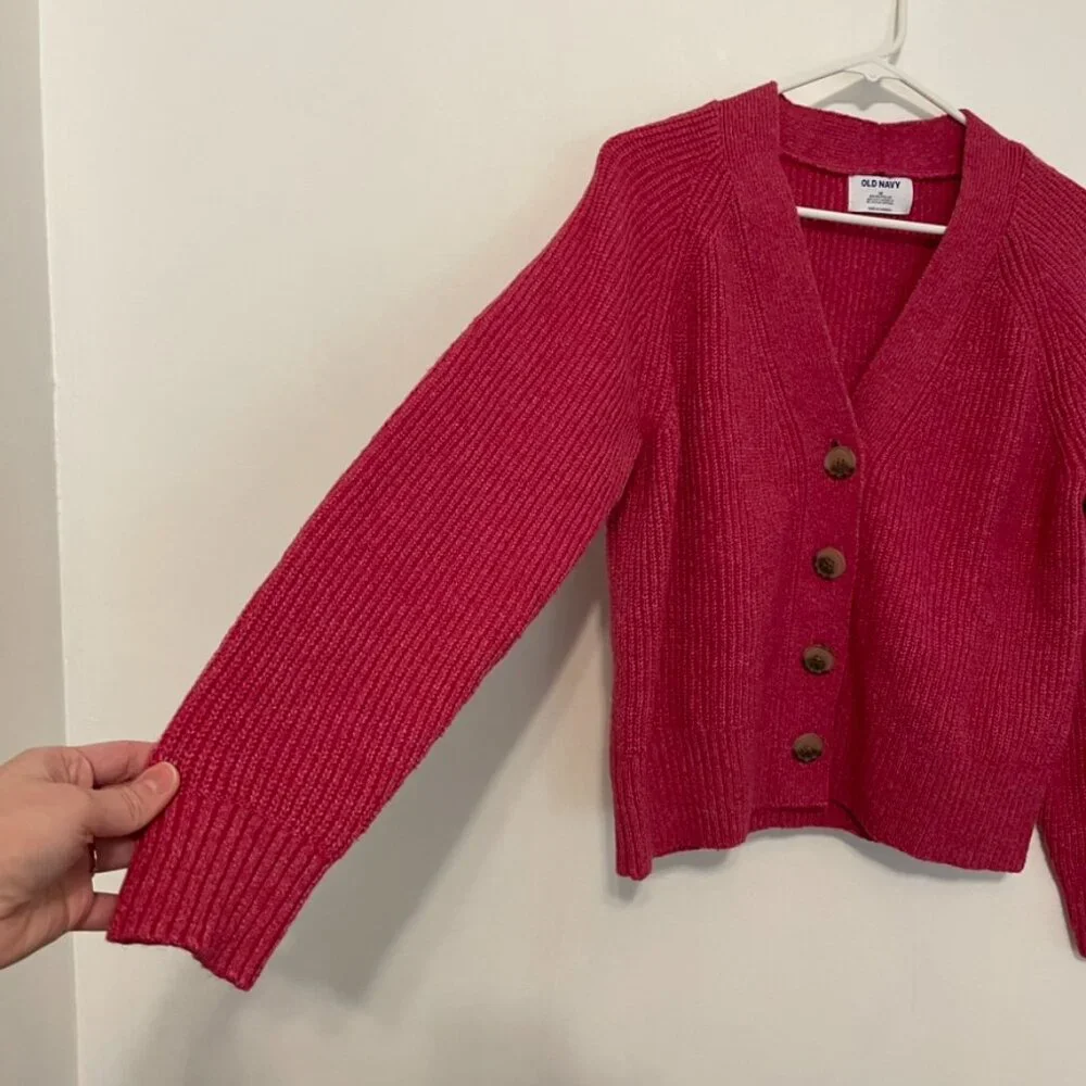 OLD NAVY Shaker Stitch Cardigan Sweater Magenta / Berry Pink Chunky Knit Relaxed - Picture 10 of 15